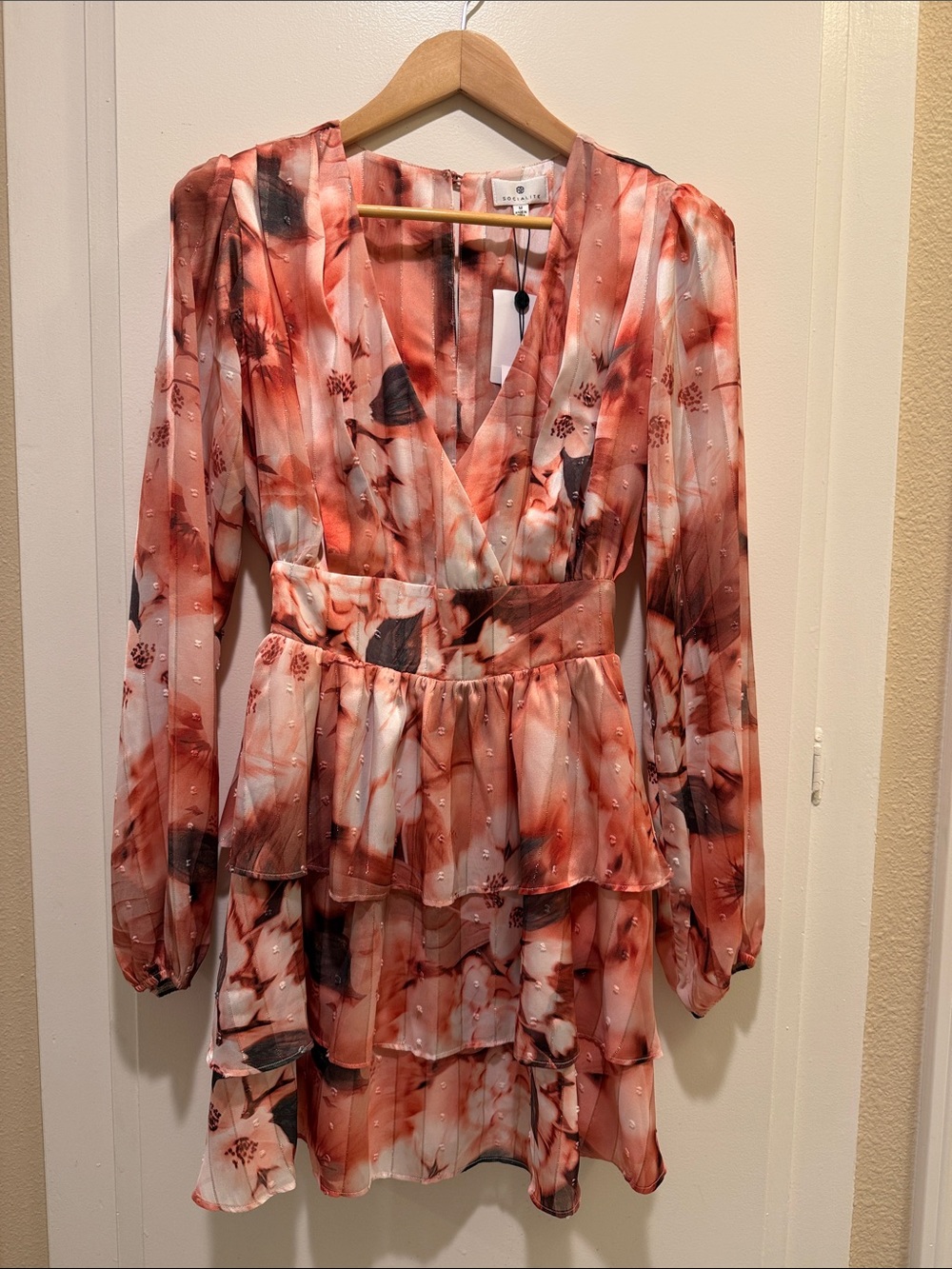 Socialite Coral Floral Tiered Long-Sleeve Dress